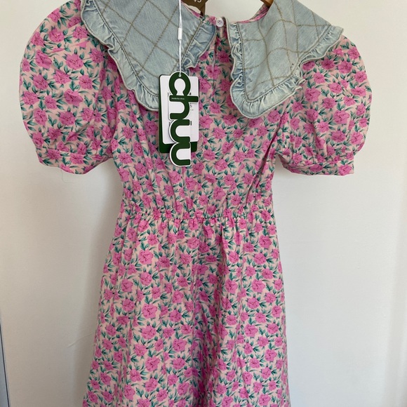 CHUU Pink and Blue Floral Puff Sleeve Dress - Picture 8 of 11